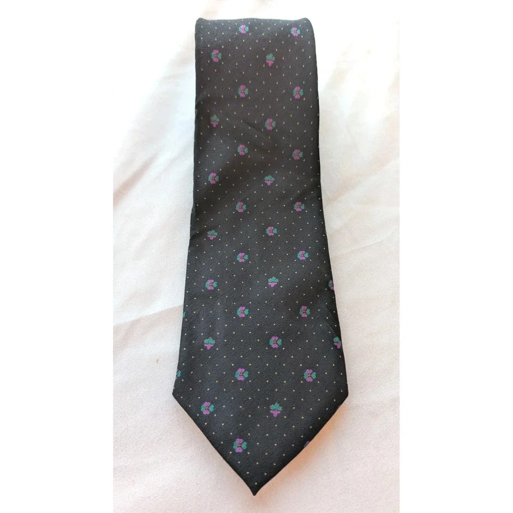 Ermenegildo Zegna 100%‎ Silk Tie Black Gold Dot Purple Floral Made in Italy